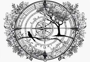 Create me a tattoo only in black with thin lines with a tree of life in the middle, a compass above with GPS coordinates, three little birds from the music "three little birds" by Bob Marley. tattoo idea