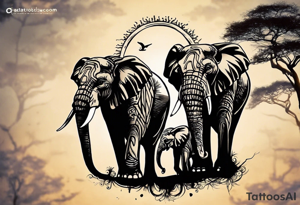 “AI, can you create a unique tattoo design for me? I envision three elephants – a small one in the front, the dad behind, and the mom behind the dad. I’d like the background to feature a rising sun and an African tree. Feel free to add your artistic touch and details to make it special.” tattoo idea