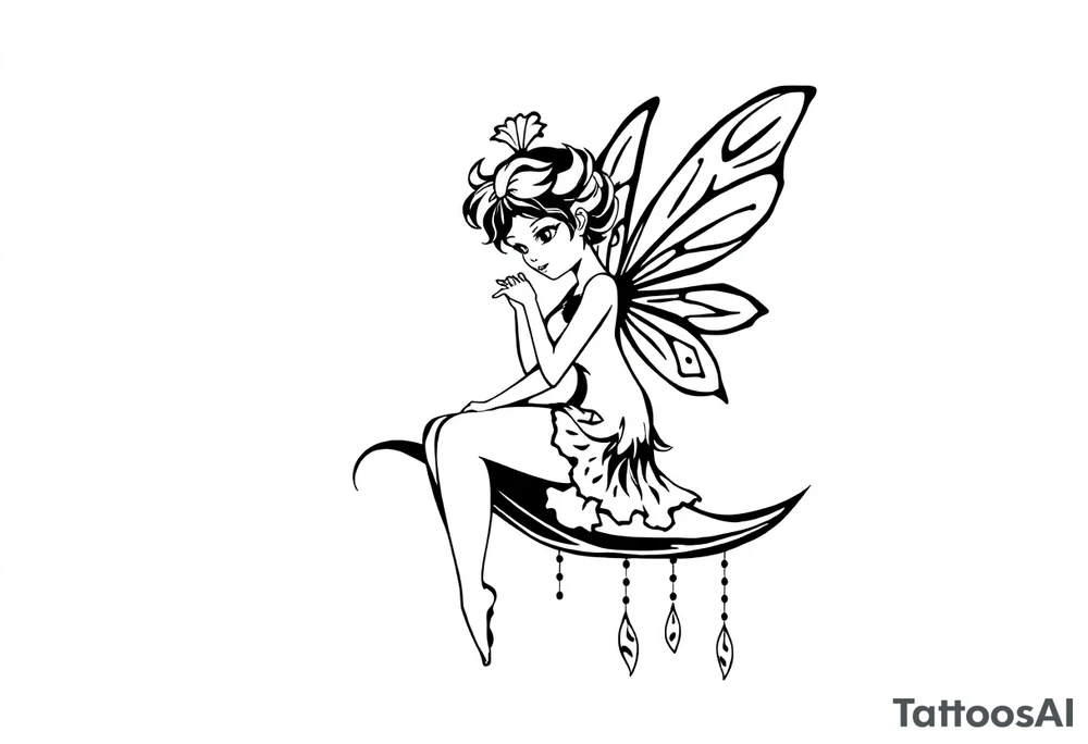 Solid black design. Fairy sitting on moon with dangles tattoo idea