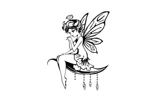 Solid black design. Fairy sitting on moon with dangles tattoo idea