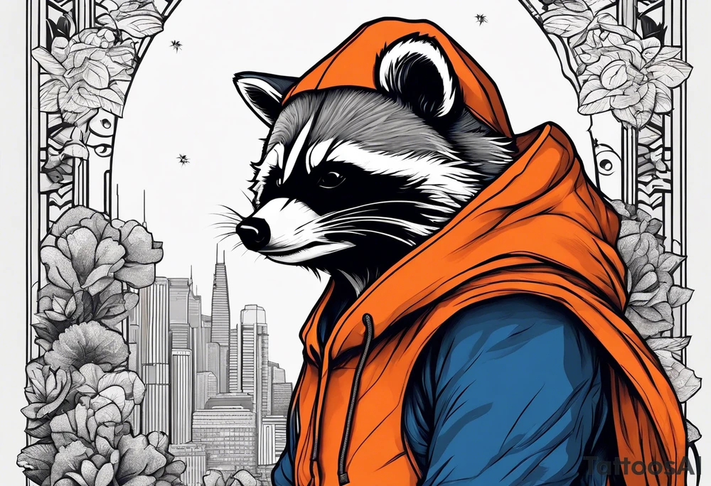 Raccoon wearing an orange Superman hoodie tattoo idea