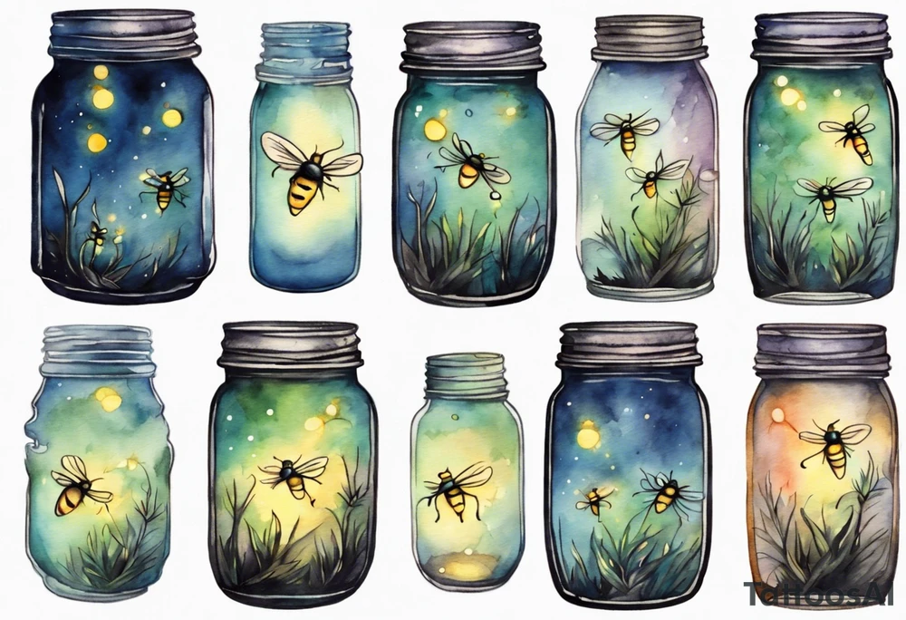 Fireflies coming out of a mason jar and all around the mason jar tattoo idea