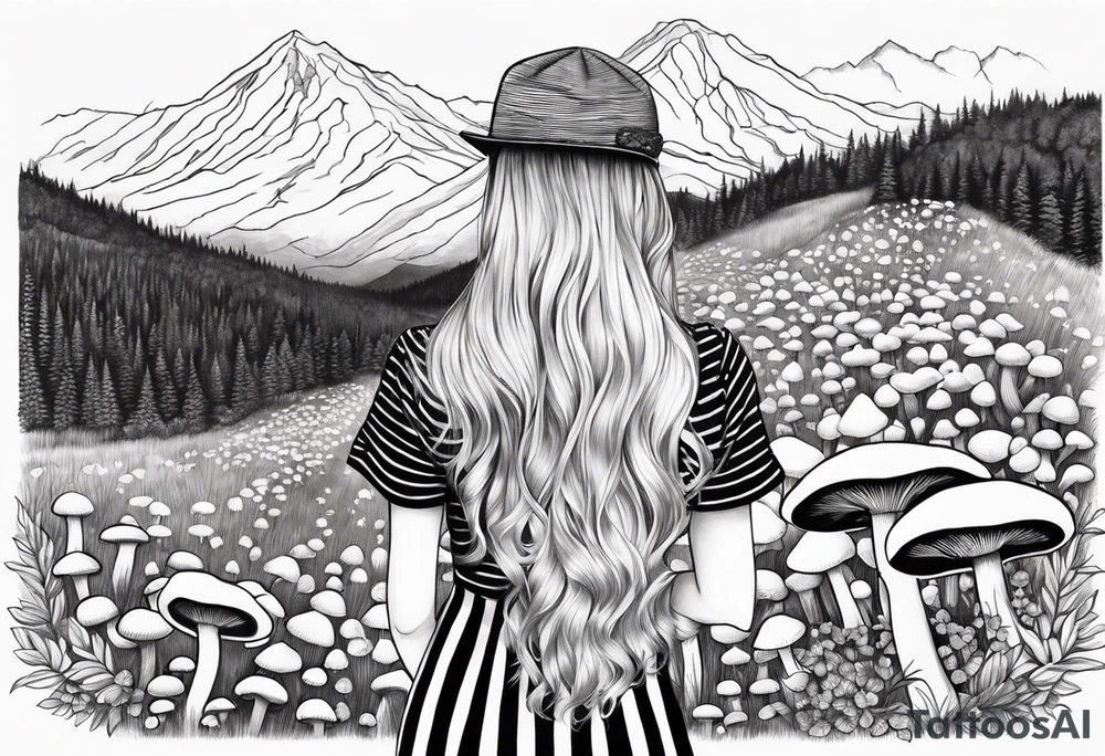 Straight long blonde hair girl holding mushrooms in hand facing away toward mountains surrounded by mushrooms black and white striped dress tattoo idea