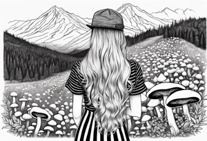 Straight long blonde hair girl holding mushrooms in hand facing away toward mountains surrounded by mushrooms black and white striped dress tattoo idea