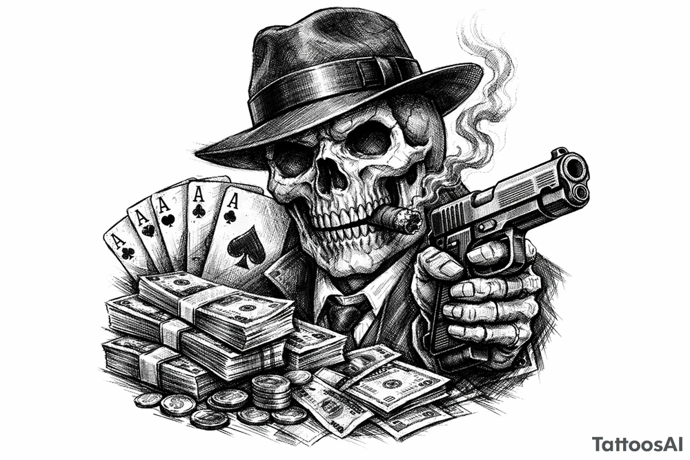 skull with gangster-hat,cigar in his mouth,gun in a hand,playing cards,a lot of money. tattoo idea