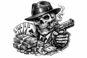 skull with gangster-hat,cigar in his mouth,gun in a hand,playing cards,a lot of money. tattoo idea
