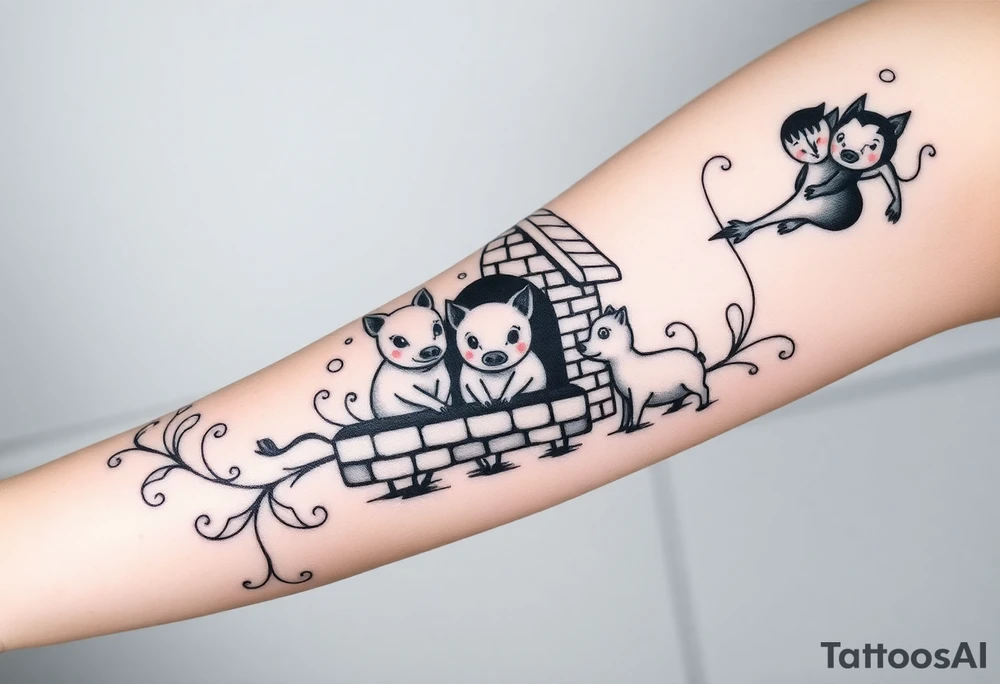 Three little pigs nursery rhyme hiding in a brick house from the big bad wolf tattoo idea