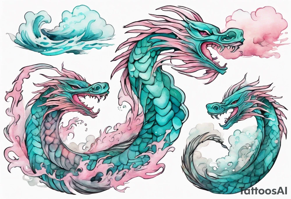 a gentle turquoise and pink feathered sea serpent emerging from the stormy sea tattoo idea