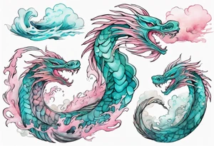 a gentle turquoise and pink feathered sea serpent emerging from the stormy sea tattoo idea