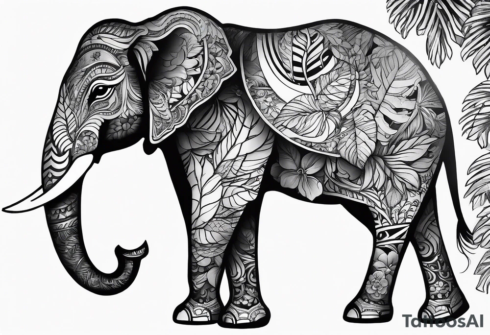 “A majestic elephant with its trunk raised, surrounded by tropical foliage, symbolizing memory and strength tattoo idea