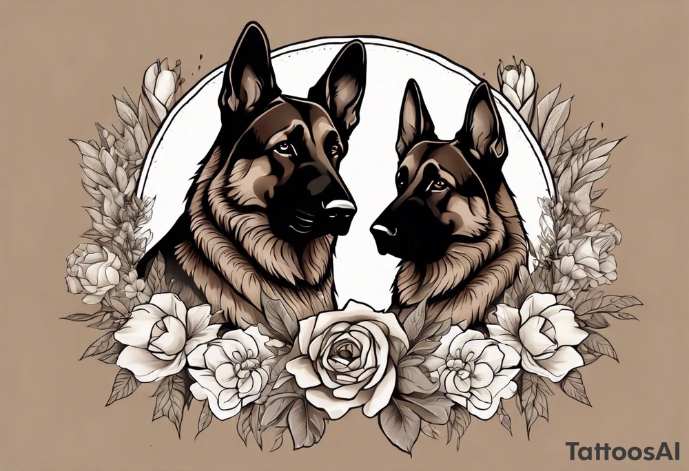 Dark Brown female German shepherd portrait surrounded by flowers tattoo idea