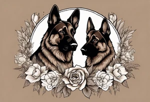 Dark Brown female German shepherd portrait surrounded by flowers tattoo idea