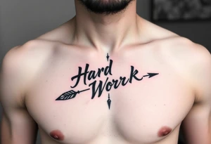 chest tattoo with japanese writing of hard work combined with bow and arrow tattoo idea