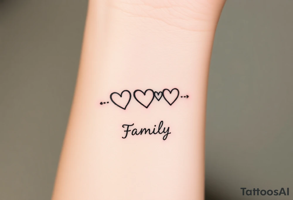 A minimalist infinity symbol with three hearts including word "family" tattoo idea