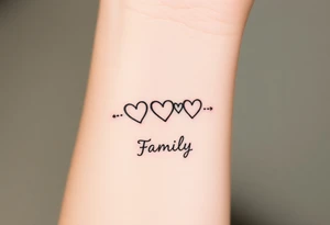 A minimalist infinity symbol with three hearts including word "family" tattoo idea