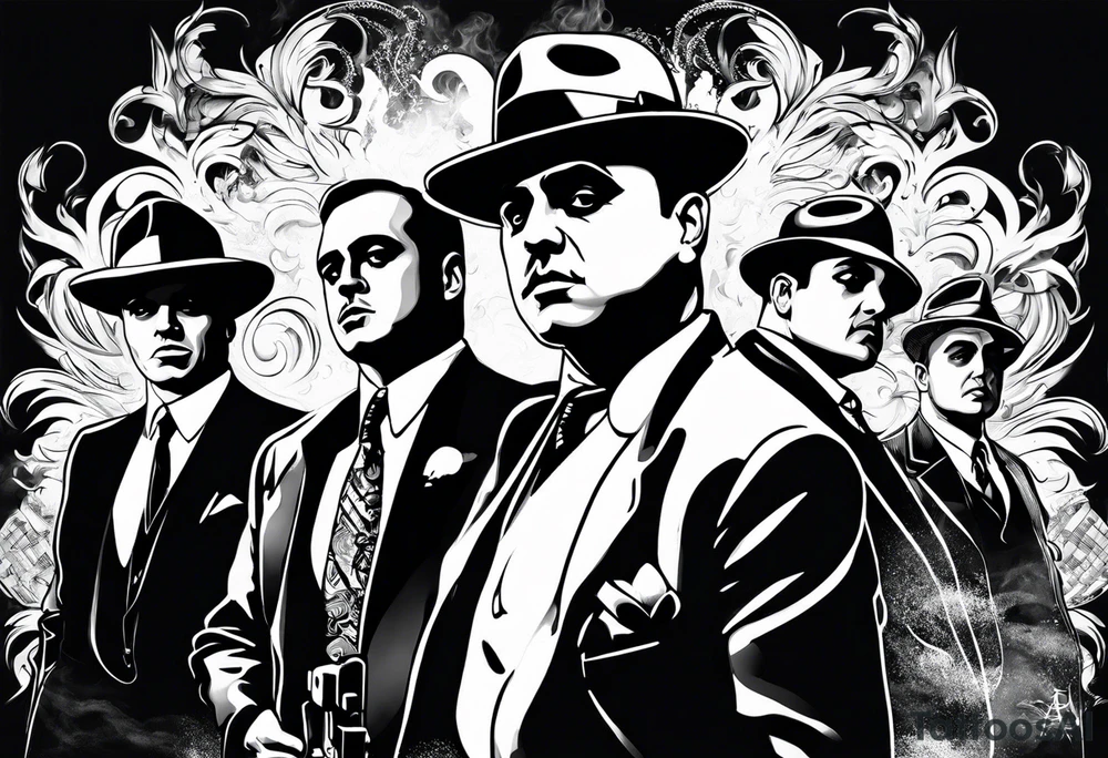 group of gangsters including Al Capone with machine guns surrounded by smoke and fire tattoo idea