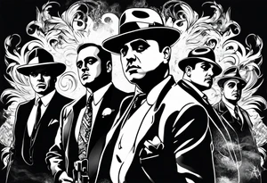 group of gangsters including Al Capone with machine guns surrounded by smoke and fire tattoo idea
