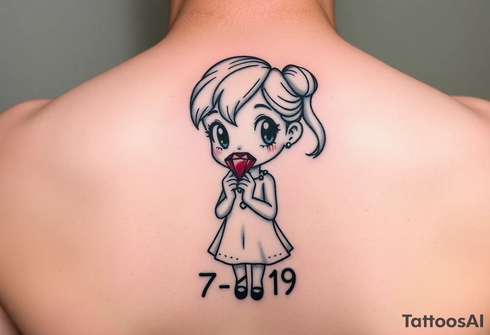 Cartoon style Ruby gem stone being held by a little girl  with 7-6-19 underneath tattoo idea