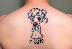 Cartoon style Ruby gem stone being held by a little girl  with 7-6-19 underneath tattoo idea