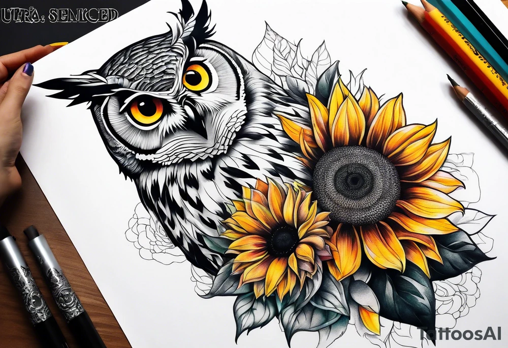 Leg sleeve with colorful sunflowers and an owl tattoo idea