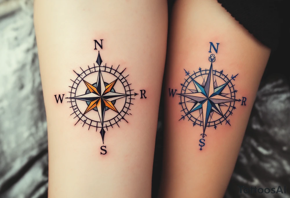 One wears a compass pointing north in black and gold, the other a compass pointing south in silver and blue, symbolizing guidance and connection. tattoo idea