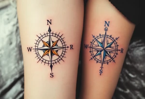 One wears a compass pointing north in black and gold, the other a compass pointing south in silver and blue, symbolizing guidance and connection. tattoo idea