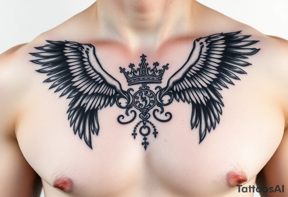Chest tattoo, two ravens and icelandic symbols, dark brest tattoo, crown betwen ravens tattoo idea