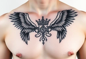 Chest tattoo, two ravens and icelandic symbols, dark brest tattoo, crown betwen ravens tattoo idea