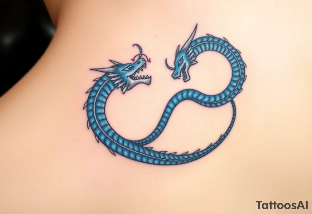 The design features a dragon, coiled in the shape of the infinity symbol (sideways number "8"). The dragon is depicted eating its own tail, symbolizing eternity and continuity, inspired by the Ouroboros.

Details:

The dragon's body has vibrant, glossy blue scales, with a smooth and polished texture.
It maintains a clean, balanced shape in the infinity figure, with sharp details and elegant flow.
Style:

The focus remains on the dragon's form, with no additional background elements to keep the design minimal and modern. tattoo idea