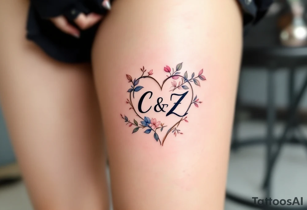Create a delicate tattoo design that seamlessly integrates C and Z  in graceful, flowing cursive. Enclose the names within a softly stylized symbol that embodies strength and unity . The overall design should evoke warmth and protection while remaining refined and understated tattoo idea
