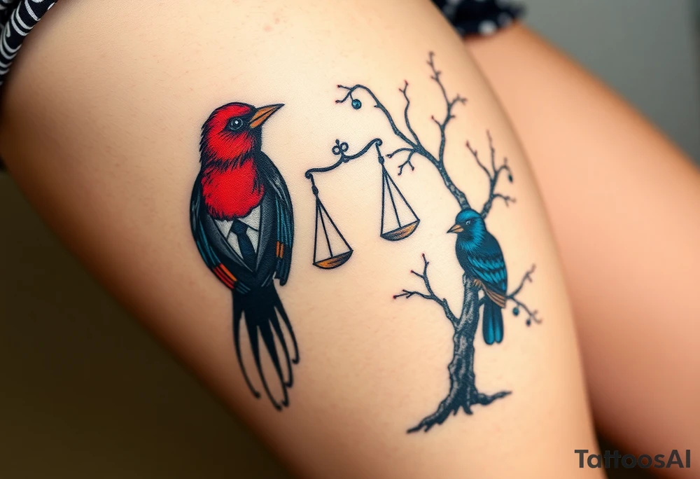 2 birds as the focus, 1 red bird in a suit, 1 navy blue bird with glasses, scales of justice in a tree, starry night painting and mountain background tattoo idea