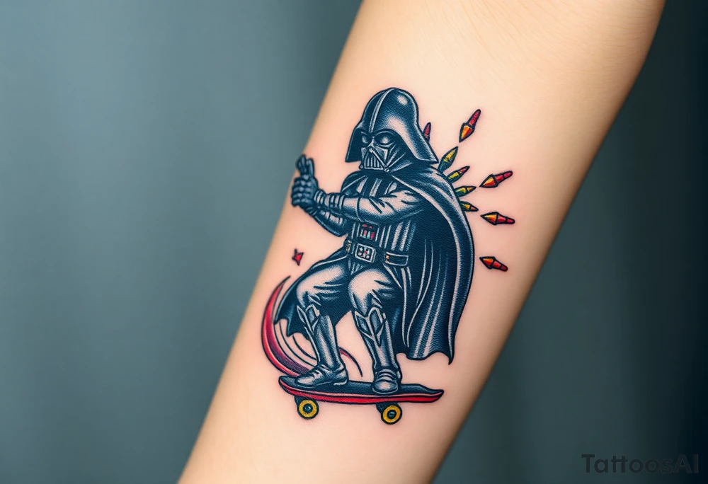 Darth Vader skateboarding holding gun > bullets > memorial > god > colors > futuristic 
add name "Darth Carter" on skateboard
add date in loving memory 12/29/88-01/06/24 tattoo idea
