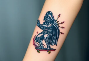 Darth Vader skateboarding holding gun > bullets > memorial > god > colors > futuristic 
add name "Darth Carter" on skateboard
add date in loving memory 12/29/88-01/06/24 tattoo idea