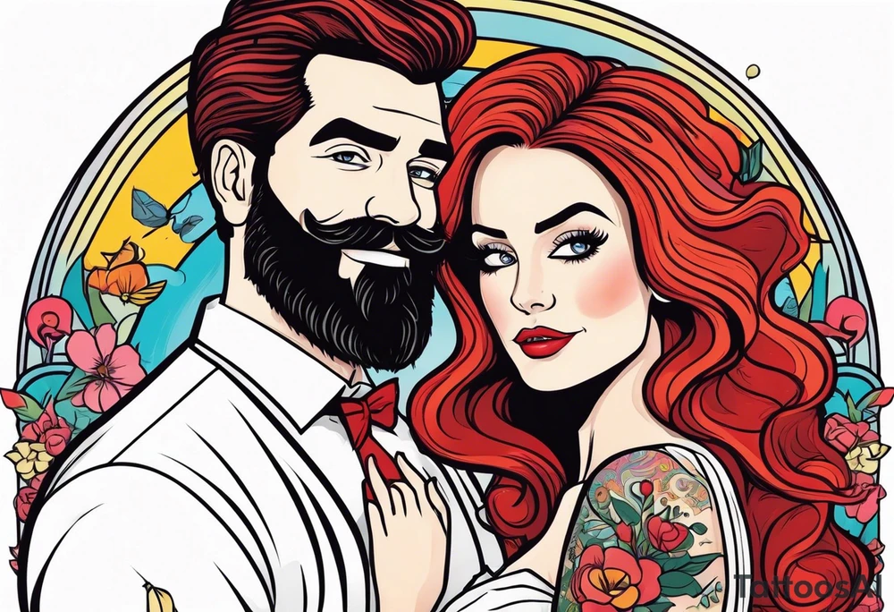 Busty red haired woman with a bearded man who has black hair getting married tattoo idea