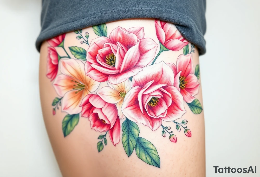 Realistic roses tulips and lilies 
and leaves with embellishments tattoo idea