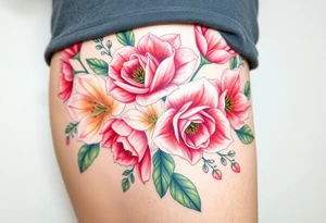 Realistic roses tulips and lilies 
and leaves with embellishments tattoo idea