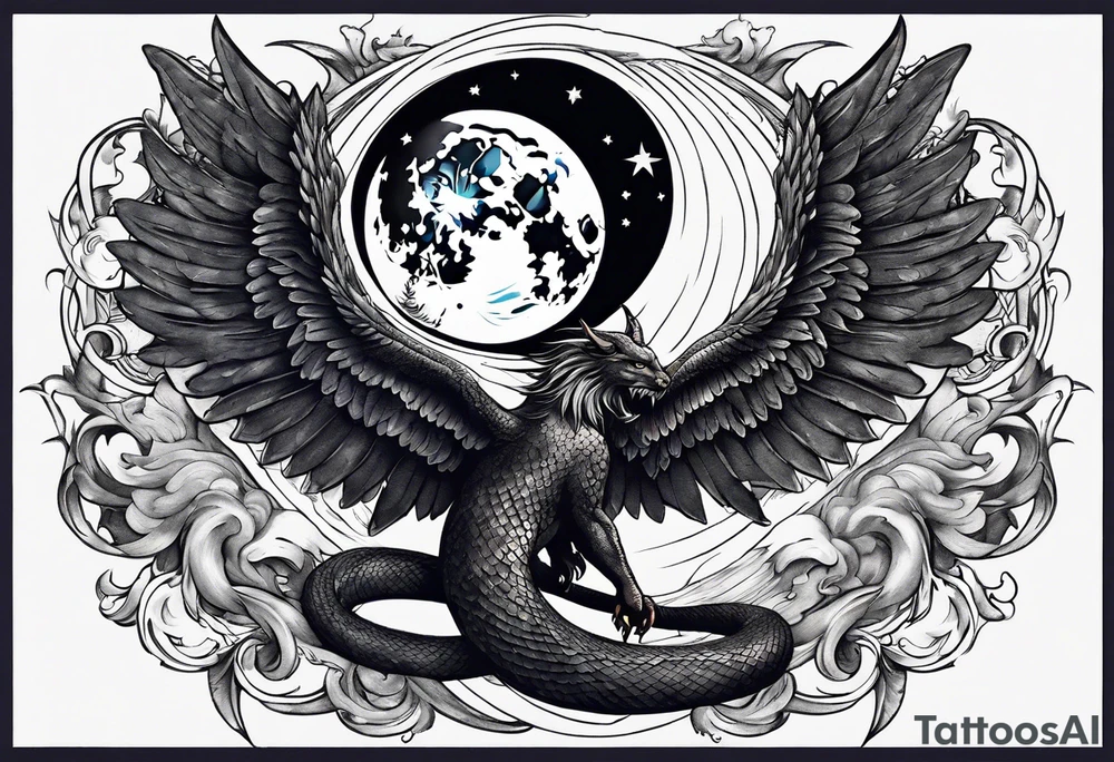 Devil in form of half snake half male angel surround the moon in the night sky tattoo idea