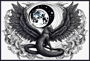 Devil in form of half snake half male angel surround the moon in the night sky tattoo idea