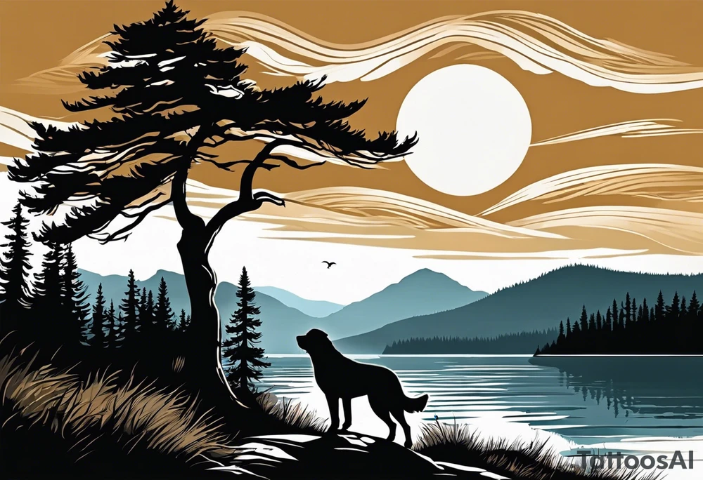 Sleeve tattoo windswept pine tree before lake with low hills on far side of lake. Mastiff silhouette in the foreground. with a dock coming out from the shore. Canadian shield. 
Include the words: "If the sun refused to shine
I would still be loving you
When mountains crumble to the sea
There will still be you and me" tattoo idea