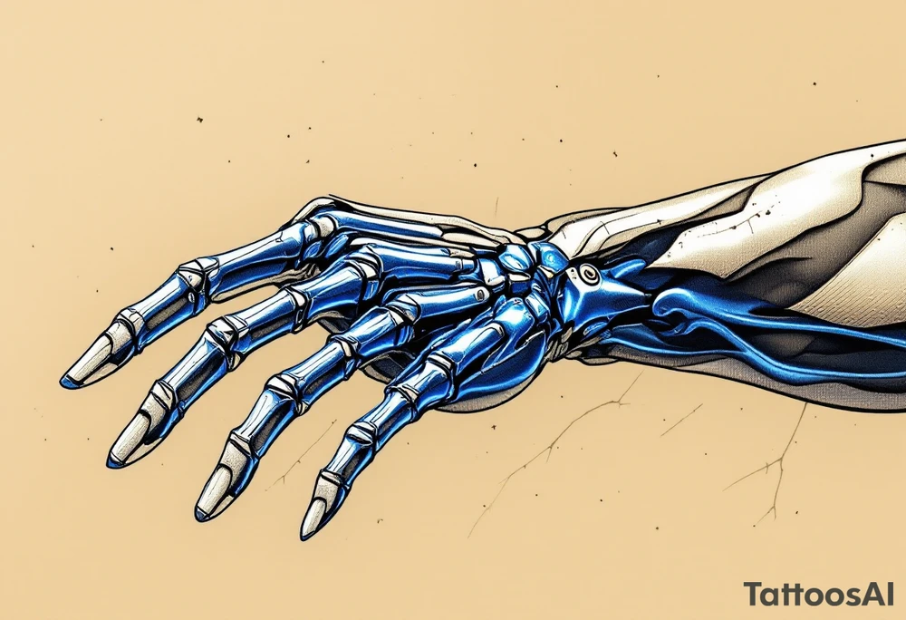 A transparent overlay effect showing the hand's inner mechanical structure, with shimmering metallic blue bones and joints. tattoo idea