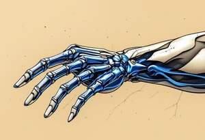 A transparent overlay effect showing the hand's inner mechanical structure, with shimmering metallic blue bones and joints. tattoo idea