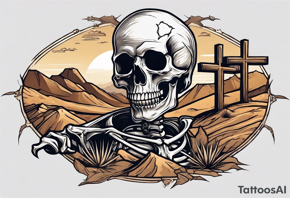 skeleton crawling towards a cross in a desert tattoo idea