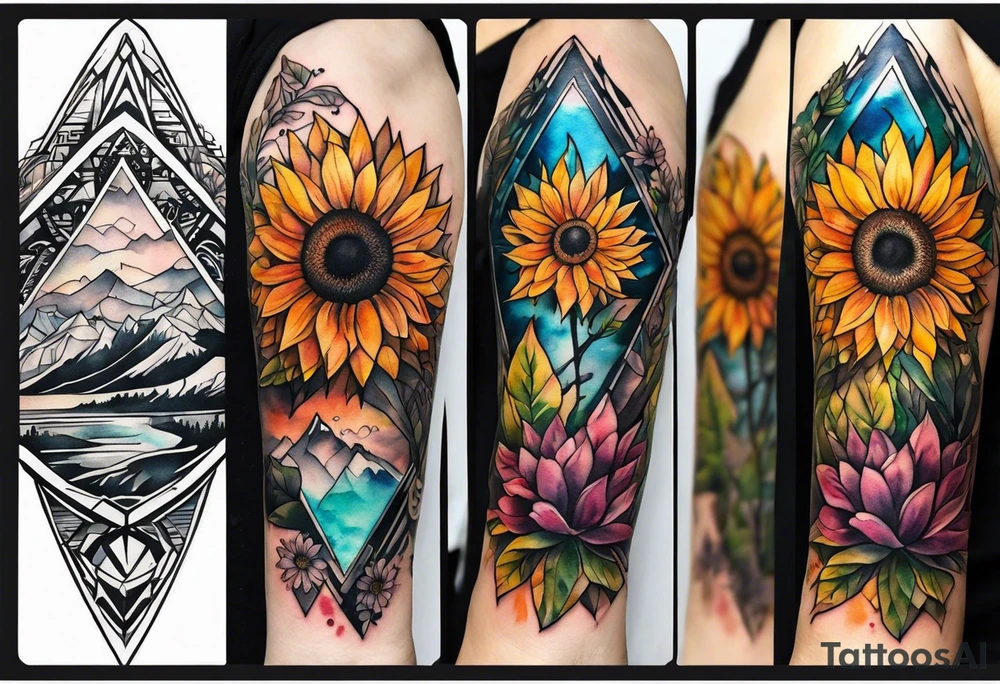 Watercolor inside arm tattoo, 4 inches. Black kite (Daya's name), nature (trees/flowers), rock/metal vibe (bold lines), sunflower. Bright colors! tattoo idea