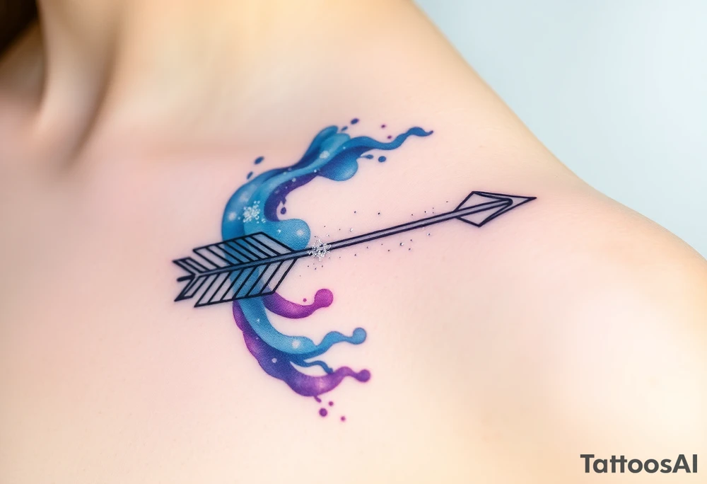 A Sagittarius arrow wrapped in a swirling galaxy, featuring shades of blue, violet, and sparkling silver highlight tattoo idea