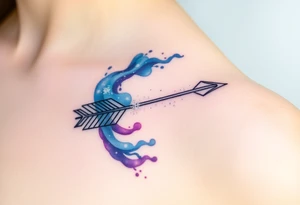 A Sagittarius arrow wrapped in a swirling galaxy, featuring shades of blue, violet, and sparkling silver highlight tattoo idea
