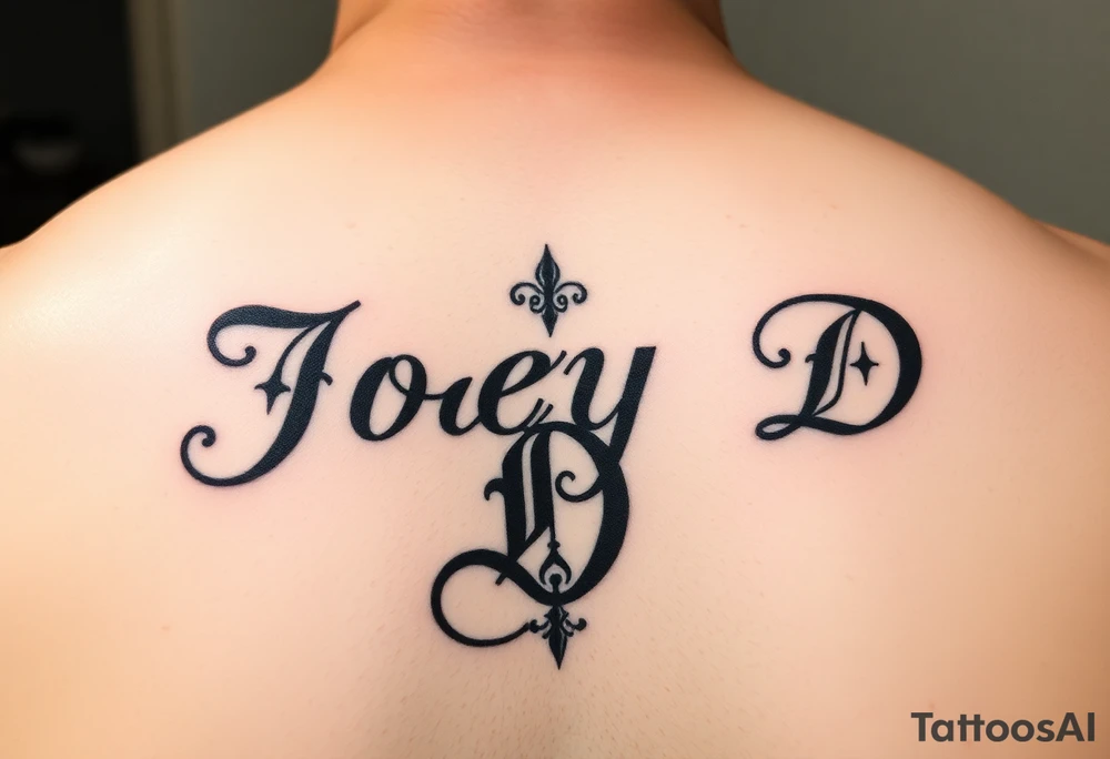 The words Joey D written with a large scale fancy J at the start tattoo idea