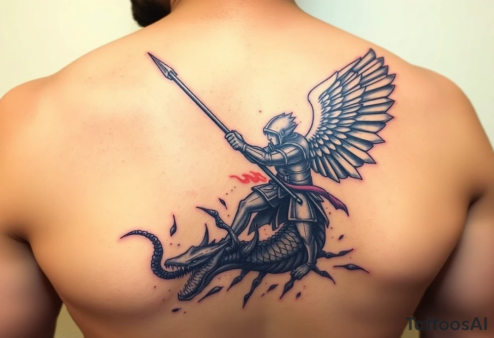 a angel in armor wielding a spear fighting a sea serpent that breathes fire tattoo idea