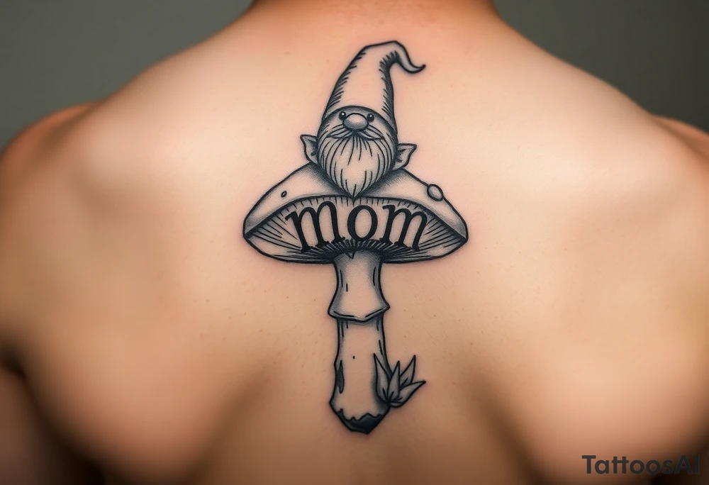 Mushroom with word mom on it with gnome on top tattoo idea