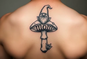 Mushroom with word mom on it with gnome on top tattoo idea