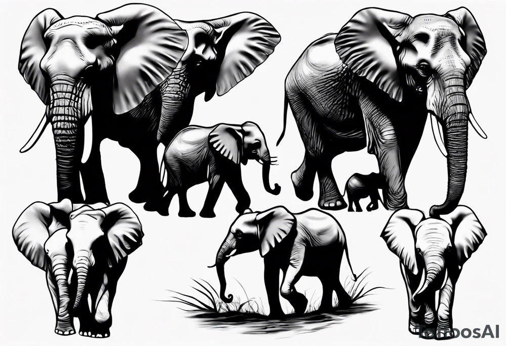 family of 6 elephants walking into sunset tattoo idea
